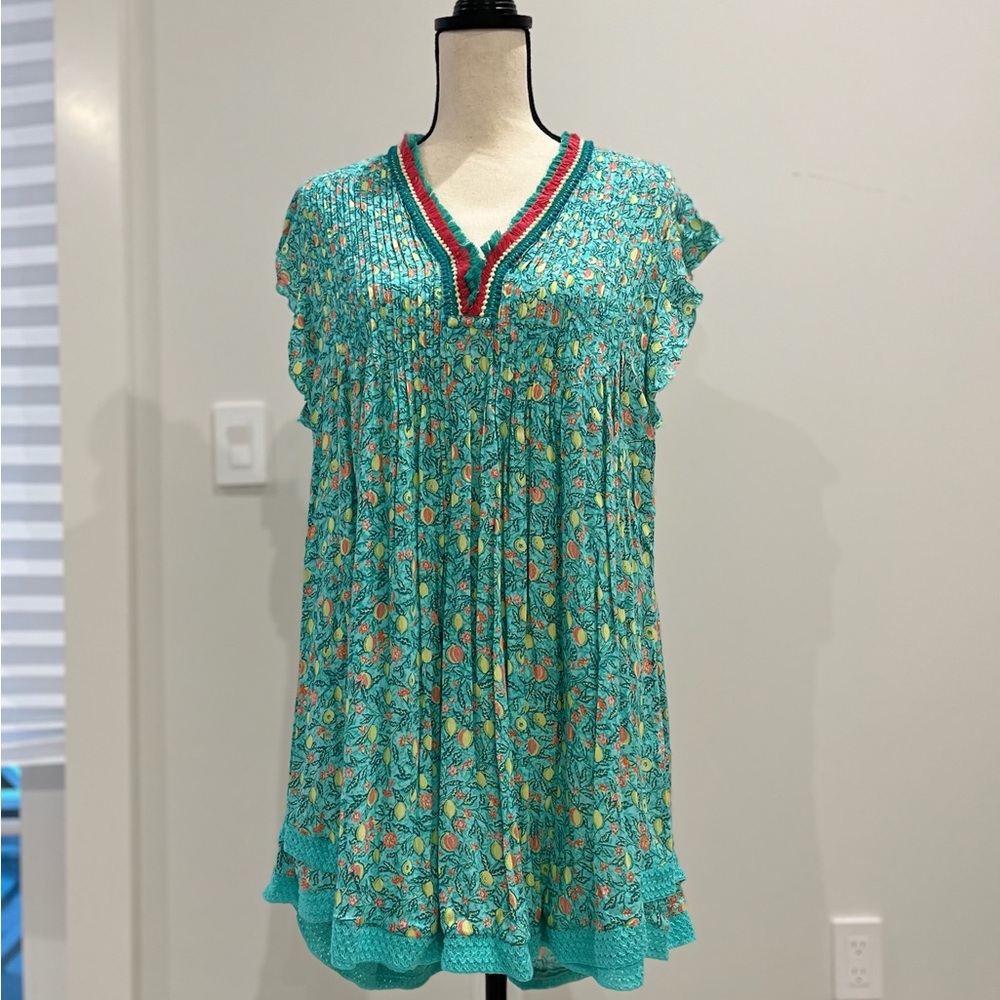 Poupette St. Barth Teal Floral Tunic with Ruffle Sleeves